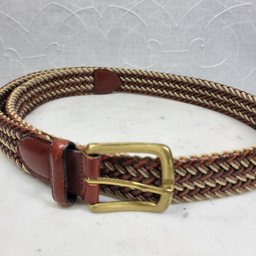 Arden Preppy Braided Leather Belt Size 36 Brown Tan Stretch Woven Brass Buckle - Picture 6 of 13